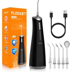 FlossJet Idropulsore Dentale Portatile Irrigatore Orale Professionale 4 Modalità e Capacità 300ML Elettrico Water Flosser Pulizia Denti Tartaro Ricaricabile Impermeabile IPX7 per Viaggi a Casa Nero